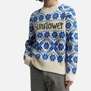 Hello Sunflower Fairisle Knit Blue Cream Marino Wool Blend Sweater Size Medium